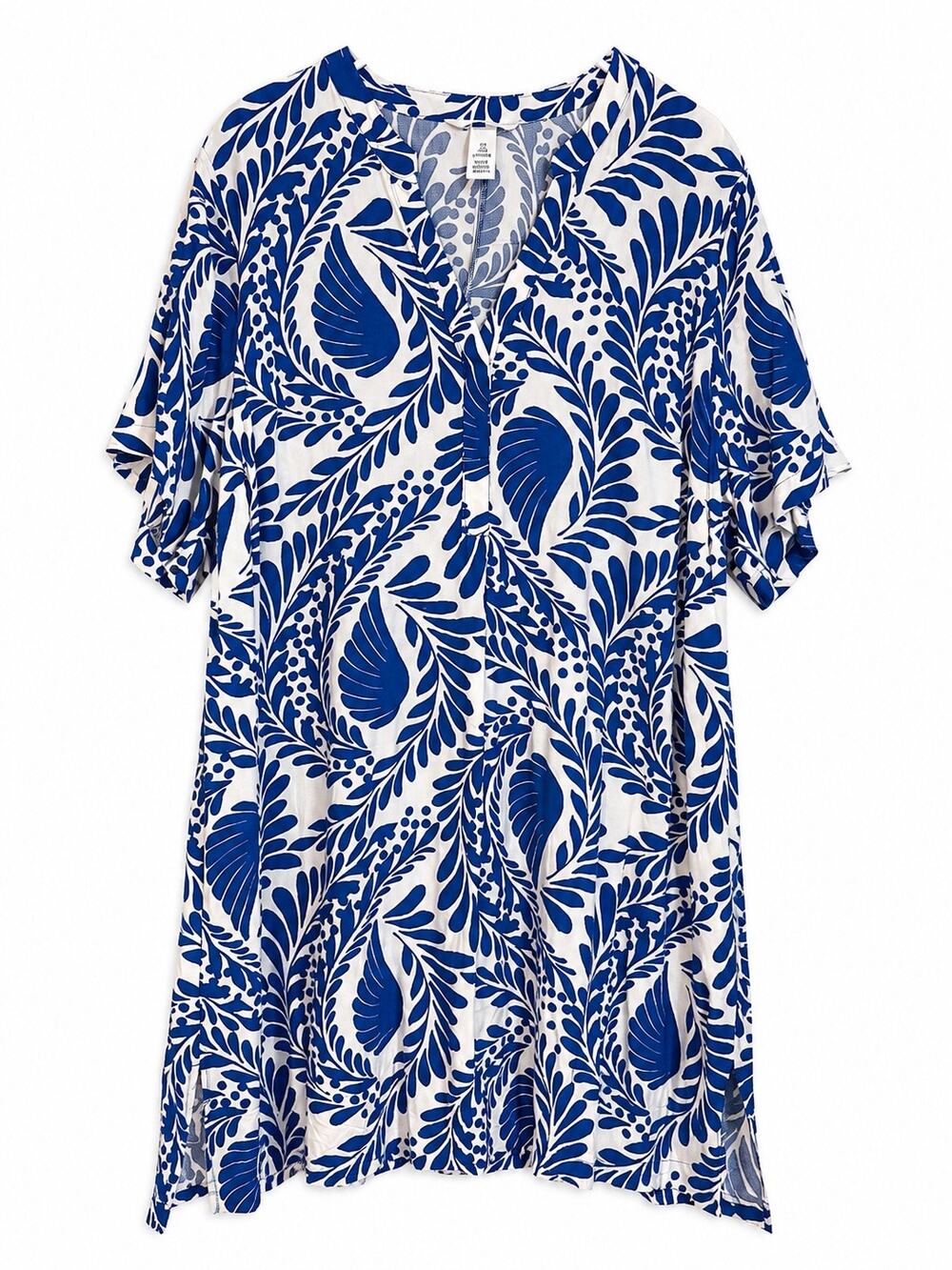 H&M Blue White Tropical Leaf Print Shift Dress Womens L 100% Viscose Boho Resort
